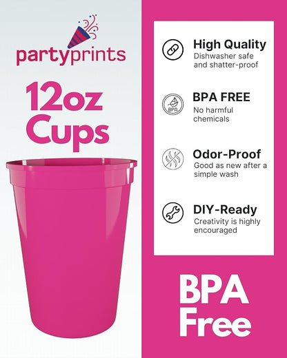 PartyPrints 100 Pack Small 10 to 12 oz Neon Pink Reusable Blank Plastic Cups - Image 2