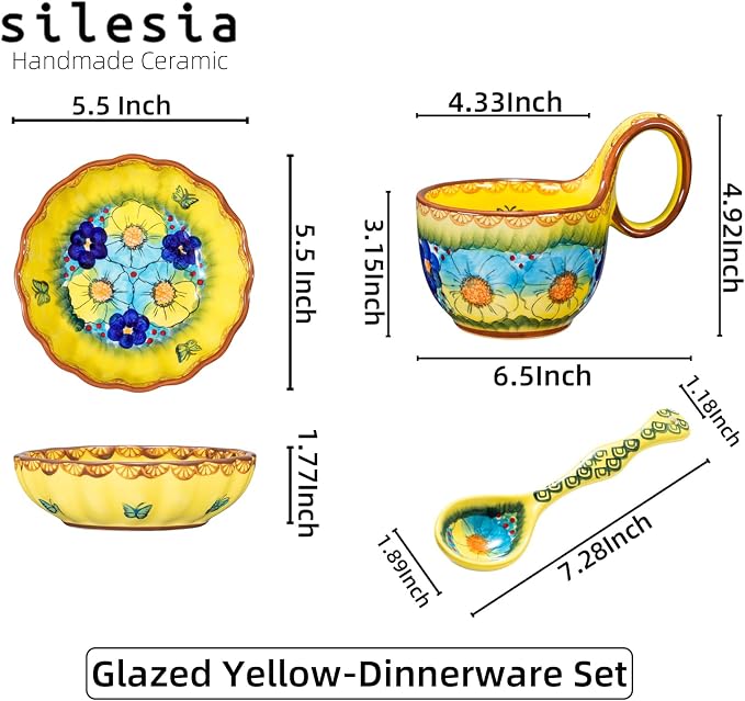 silesia Handmade Loop Handle Soup Bowl, Plate and Spoon Set Ceramic Hand - Image 8