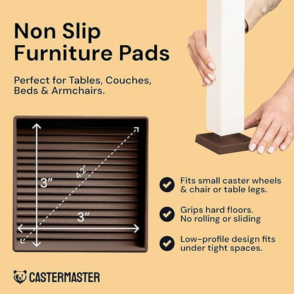 CasterMaster Non-Slip Rubber Furniture Pads - 3 in x 3 in Set of 4 Brown - Floor Protectors for Hardwood Floors & Chairs - Grippers & Rubber Feet for Furniture