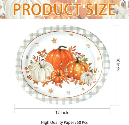 Grencian 50Pcs Fall Oval Paper Plates 10" x 12" Gray Plaid Orange Pumpkin Plate Disposable Fall Pumpkin White Plates Tableware Sets for Thanksgiving Autumn Holiday Dinner Party Supplies Decoration