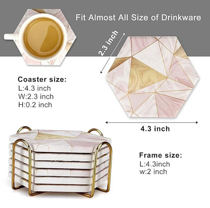 6 Pack Pink Marble Coasters with Holder Gold Absorbent Drink Unique Coaster Cute Ceramic Table Coaster Set Funny Kitchen Accessories Decorative Bar Coster Modern Coffee Table Decor Cup Coasters