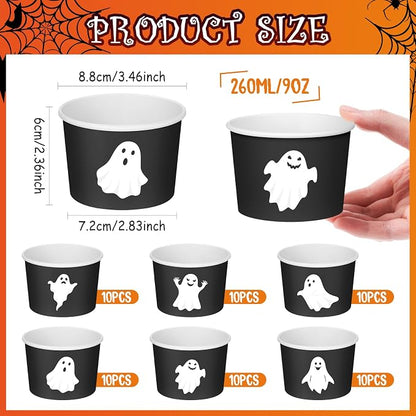 CHENGU 60 Pcs Halloween Snack Cups 9 oz Disposable Ghost Paper Ice Cream Bowls - Image 2