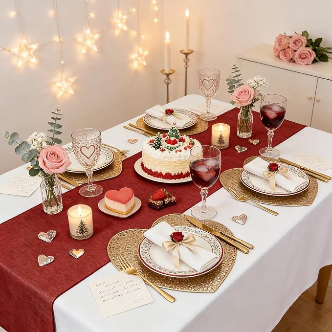 Burgundy Valentines Day Table Runner Burlap Table Cloth 2 Packs 13x108 Inch | - Image 2