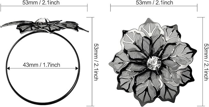KPOSIYA Flower Napkin Rings Holder Metal Black Napkin Rings Set of 6 for Wedding Party Holiday Banquet Christmas Dinner Delicate Serviette Buckles Decor Favor (6, Black)