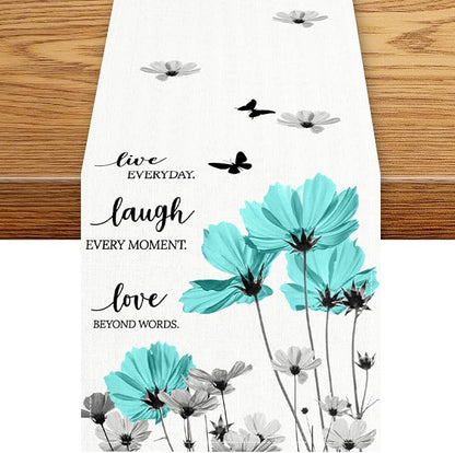 Blue Daisy Table Runner, Boho Spring Floral Flower Butterfly Farmhouse Coffee by Unknown