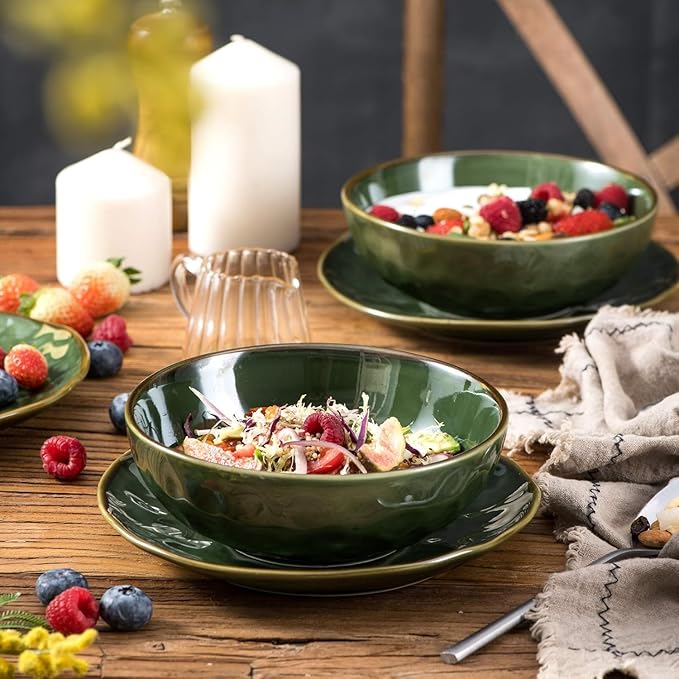 vicrays Ceramic Pasta Bowls Set, 32 Ounce Soup Bowls, Large Salad Bowls, Chip Resistant, Dishwasher Microwave Safe, Fluted stoneware Bowls for Kitchen, Serving Bowls, Set of 6 (Green)
