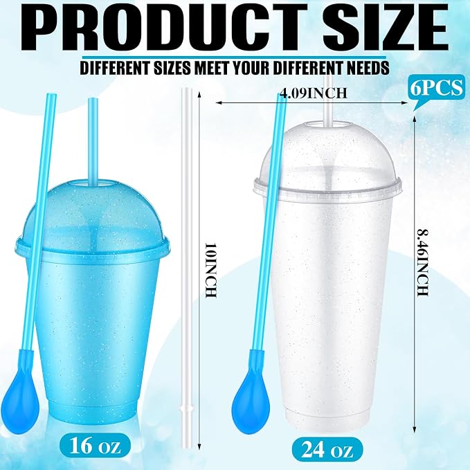 6 Set Slushie Cups with Dome Lids and Straws Detachable Spoon Straws Reusable - Image 2