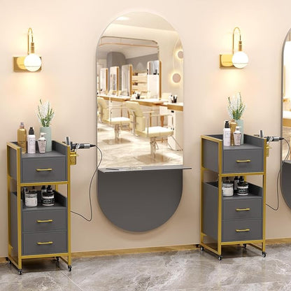 OmySalon Salon Trolley Cart, Hair Styling Station with 3 Drawers, 2 Open Shelf & Tool Holders, Mobile Barber Storage Cabinet Utility Trolley for Beauty Salon Spa, Gery