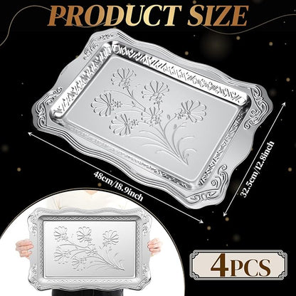 4 Pack 18.9" x 12.8" Large Silver Serving Trays for Dessert Table Stainless Steel Silver Platters Floral Engraved Mirror Serving Platters for Wedding, Cookies, Desserts, Party Food Display