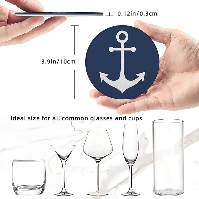 White Nautical Anchor On Navy Blue Premium Leather Coasters - Image 5