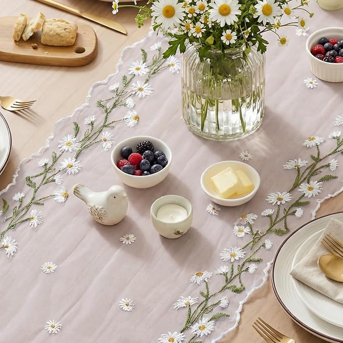 Artoid Mode Daisy Floral Light Pink Shaped Gauze Embroidery Table Runner 120 - Image 3