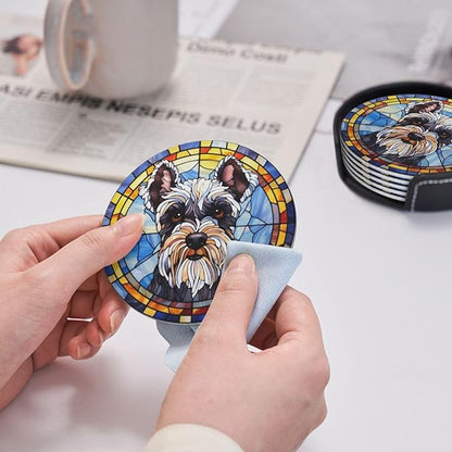 Drink Coaster Set of 6, Schnauzer Dog Mom Lover Gift,Leather Drink Coasters with Holder,6 Pack Cup/Bar/Drink Coasters for Table/Drinks/Coffee Protection Housewarming Gift