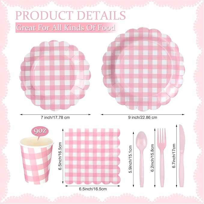 Yaomiao 168 Pcs Pink Gingham Plates and Napkins Pink Princess Party Decor - Image 2