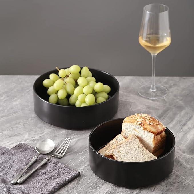 Stone Lain Celina Stoneware 2-Piece Serving Bowl Set, Black Bowls, Minimalist Dinnerware, Dish Set, Tall Rim, Microwave & Dishwasher Safe, Casual Tableware