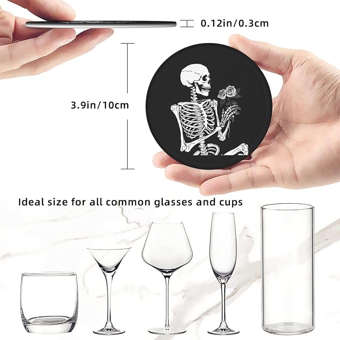 Roses Skeleton Skull Rock and Roll Leather Coasters Set of 6 - Image 3