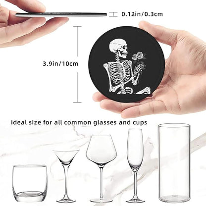 Roses Skeleton Skull Rock and Roll Leather Coasters Set of 6 - Image 3