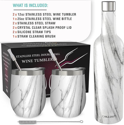 CHILLOUT LIFE 12 oz Stainless Steel Wine Tumblers 2 Pack & 1 Insulated Wine Bottle - Double Wall Vacuum Insulated Wine Glasses Cups with Lids and Straws Set Keeping Cold & Hot Gift Set