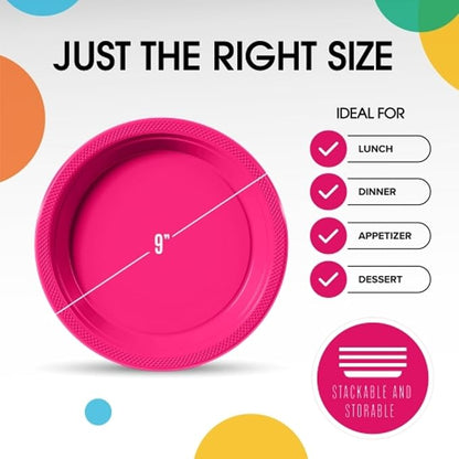 Exquisite Party Solids Cerise Plastic Plates For Party 9" Cerise Disposable Plates Heavy Duty 100 Pcs Plastic Dinnerware Sets Heavy Duty 350 GSM Disposable Dinnerware Set