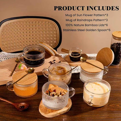 6 PACK Vintage Glass Coffee Mugs 14oz Clear Embossed Tea Cup Set - Image 4