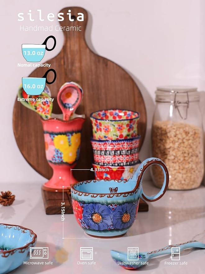 silesia Handmade Loop Handle Soup Bowl, Plate and Spoon Set Ceramic Hand - Image 2