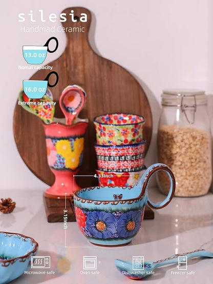 silesia Handmade Loop Handle Soup Bowl, Plate and Spoon Set Ceramic Hand - Image 2