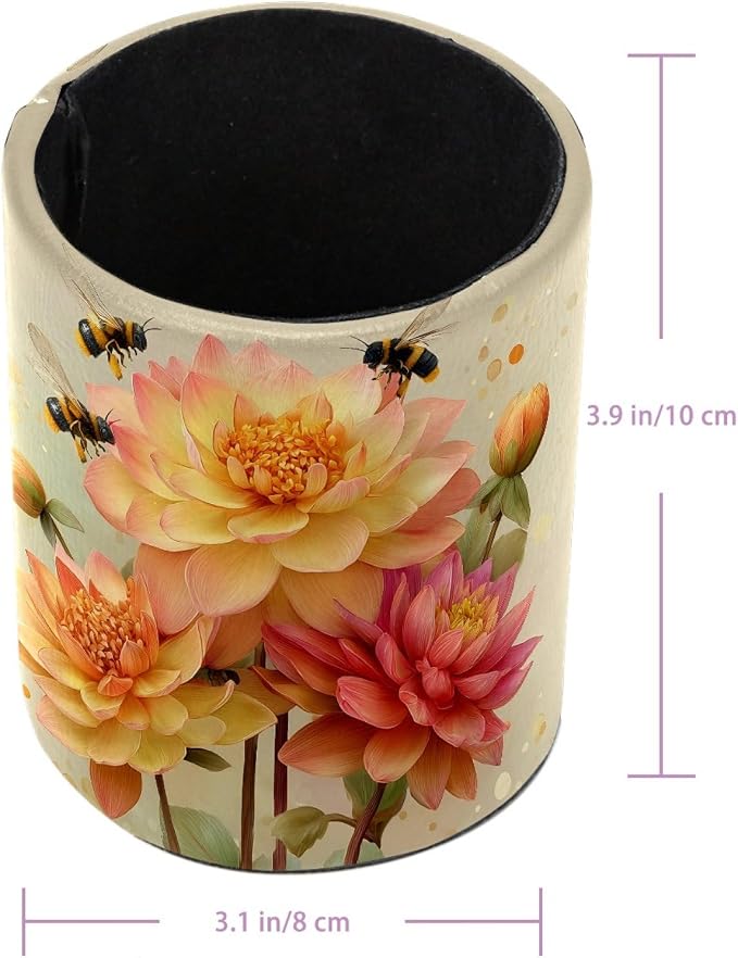 Leather Pen Holder for Desk, Watercolor Floral Pencil Cup Pen Organizer Makeup - Image 3
