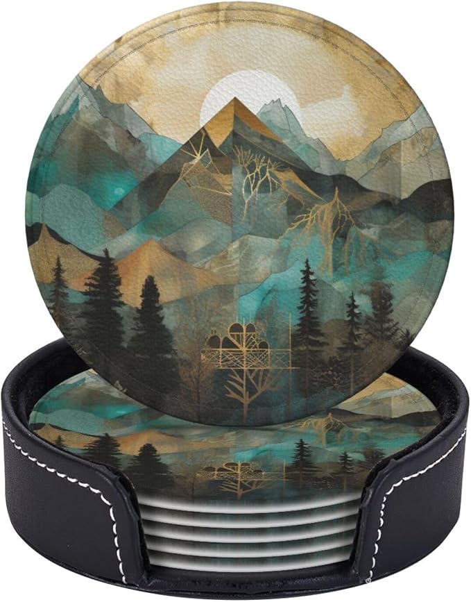 Mountains Trees Landscape Sunrise Leather Coasters Set of 6 - Image 2