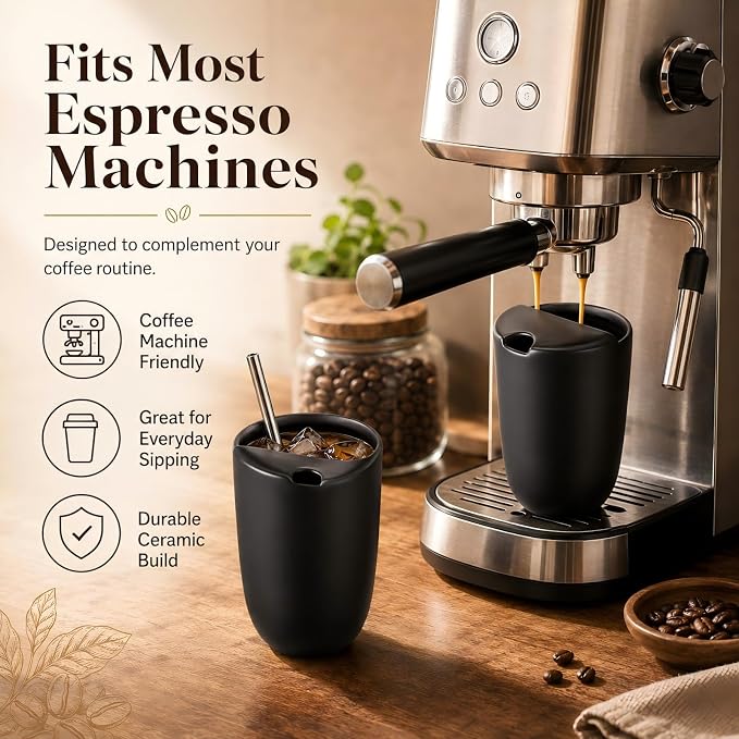 2 Pack Ceramic Coffee Mug with Sip Hole 9.5oz Retro Espresso Cup with Straws - Image 3