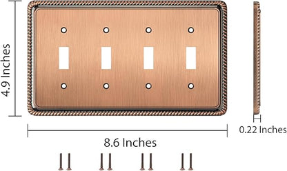 Henne Bery Rope Edge Decorative Wall Plate Switch Plate Outlet Cover (Quad Toggle, Antique Copper)
