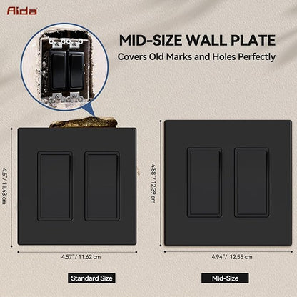 AIDA 2-Gang Decorative Wall Plates, 4.88" H x 4.94" L - Unbreakable Thermoplastic Faceplate Cover for Outlets and Switches, UL Listed - (10 Pack, Matte Black)