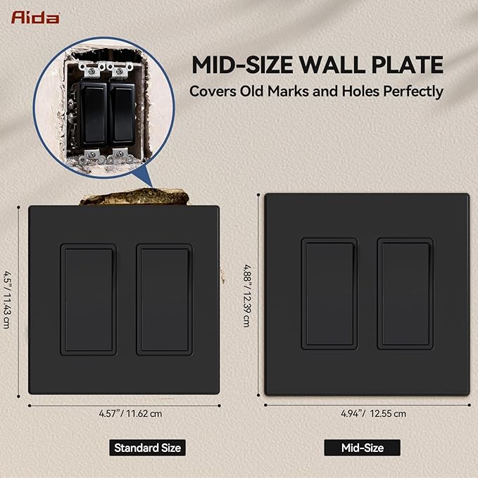 AIDA 2-Gang Decorative Wall Plates, 4.88" H x 4.94" L - Unbreakable Thermoplastic Faceplate Cover for Outlets and Switches, UL Listed - (1 Pack, Matte Black)