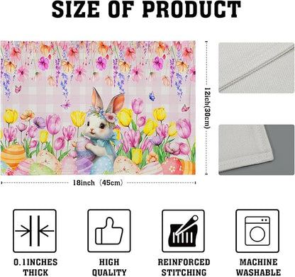 Spring Rabbit Bunny Placemats - Floral Easter Place Mat Set of 4 Buffalo Plaid Tablemats 12x18 for Party Kitchen Dining Pink