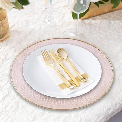 PARTY BARGAINS 13-Inch Charger Plates - 8 Pack, Hammered Pink Gold Rim, Heavy-Duty Disposable Chargers for Elegant Dining - Ideal for Weddings and Formal Events