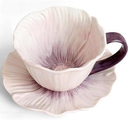 10 oz Tea Cups and Saucers, Ceramic Flower-shaped Cappuccino Cup, Latte Cup and by JUSONEY