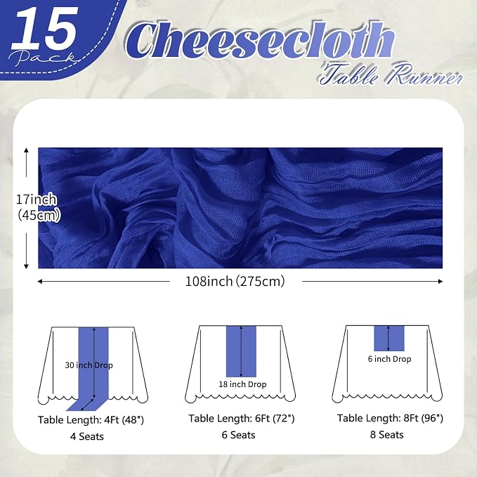 15 Pack Royal Blue Cheesecloth Table Runner 17 x 108 inch Cheese Cloth Table - Image 2