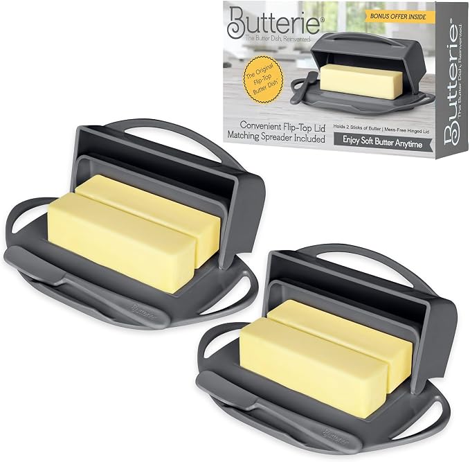 Flip Top Butter Dish with Attached Lid & Matching Knife, 2 Pack by Butterie