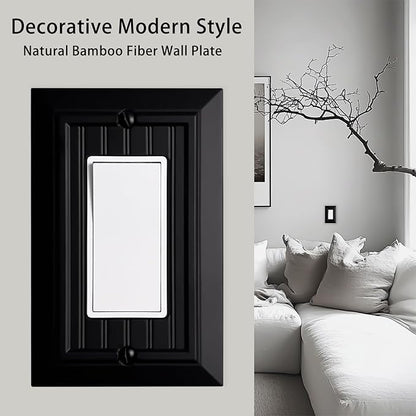 Beadboard Outlet Covers Wall Plates, Bamboo Fiber Light Switch Covers, Natural Material Electric Receptacle Decorative Switch Plate Outlet Cover Matte Black (1 Gang Decorator 4 Pack)