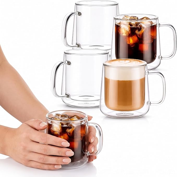 Patelai Glass Coffee Mugs Set of 4, 12 oz Clear Double Walled Coffee Cups by Patelai