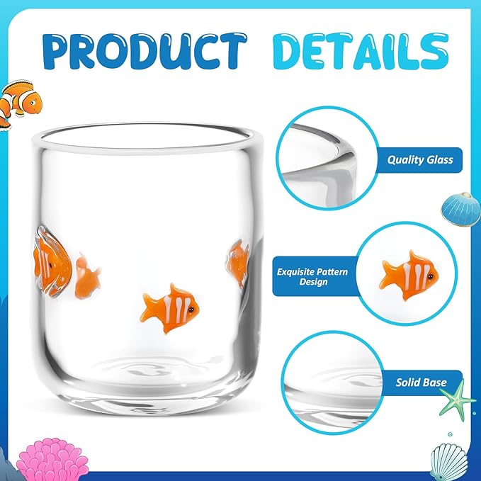 Icon Juice Glasses, 14oz Stemless Wine Drinking Juice Glass Cup for Valentine Party Supplies Gift(2 Pcs,Clownfish)