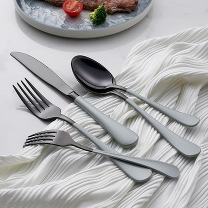 20-Piece Black Silverware Set 18/0 Stainless Steel Flatware Gray Handle Cutlery Set Service for 4 Dinner Knives Forks Spoons Set Mirror Finish Dishwasher Safe