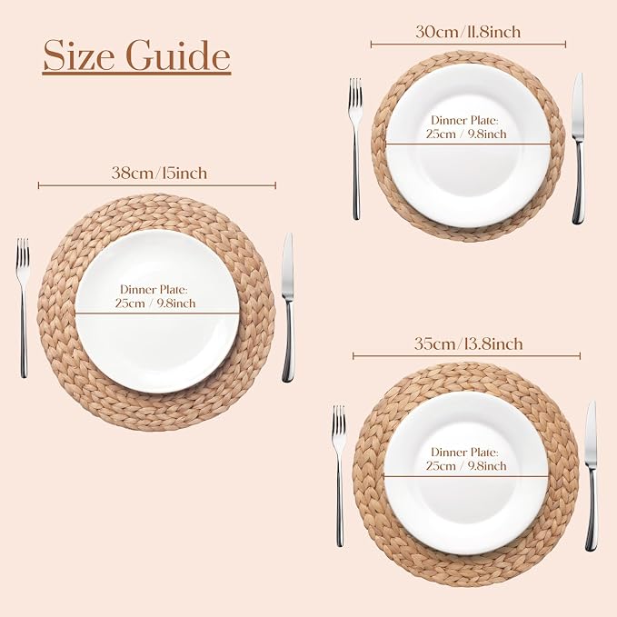 6 Pack, Round Woven Placemats, Natural Water Hyacinth Wicker Place mats - Image 6