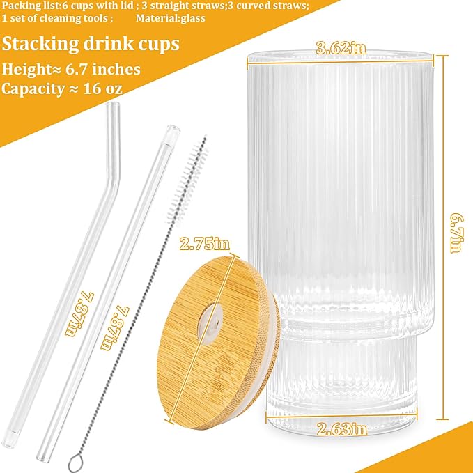 6 Pcs 16oz Ribbed Glass Cups - Image 2