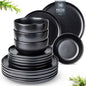 AmorArc Ceramic Dinnerware Sets, Wavy Rim Stoneware Plates and Bowls Sets,Dishwasher & Microwave & Oven Safe Dishes set, Service for 6 (18pc)-Matte Black