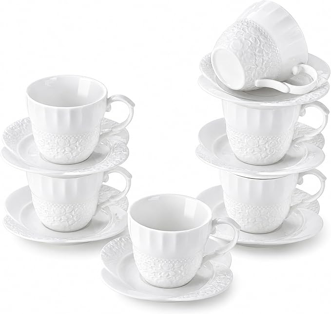 fMBB 7 Oz Tea Cups and Saucers, Rose Embossing Design, Bone Porcelain Tea Cups by fMBB