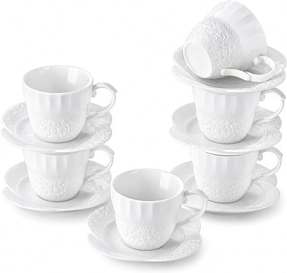 fMBB 7 Oz Tea Cups and Saucers, Rose Embossing Design, Bone Porcelain Tea Cups by fMBB