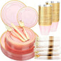 WELLIFE 210Pcs Clear-Pink Plastic Dinnerware- Pink and Gold Plastic Dinnerware by WELLIFE