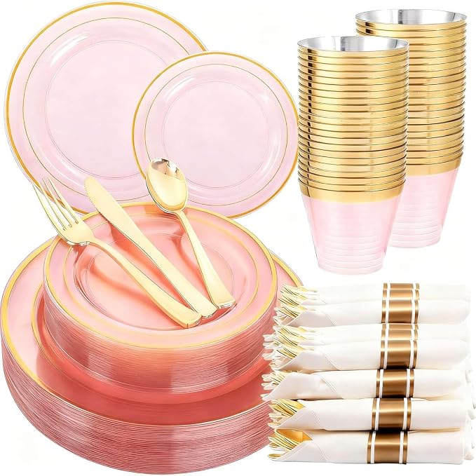 WELLIFE 350Pcs Clear-Pink Plastic Dinnerware- Pink and Gold Plastic Dinnerware by WELLIFE