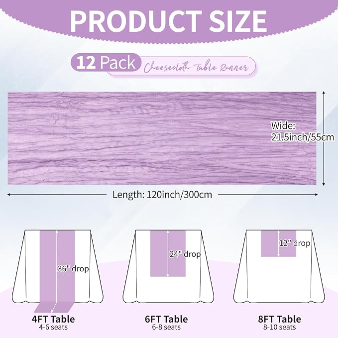12 Pack Lavender Cheesecloth Table Runner 10Ft, Lilac Purple Table Runners 21.5 - Image 2