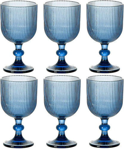 Blue Glasses Drinking Water Goblets set of 6 Big Vintage Glassware 13oz Colored Wine Glasses for Wedding Party Bar Vertical Line Embossed Pattern Stemmed Cups 400ml