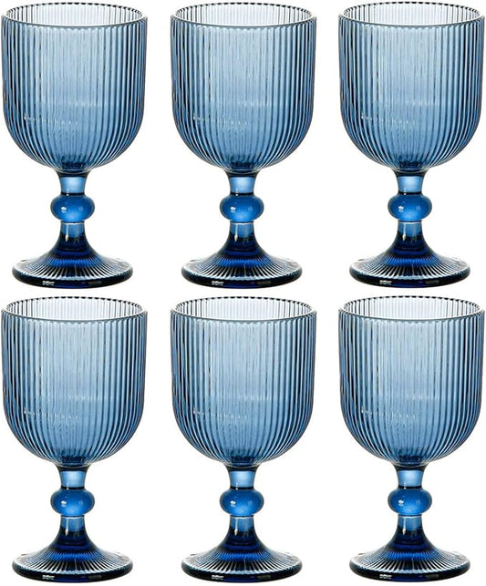 Blue Glasses Drinking Water Goblets set of 6 Big Vintage Glassware 13oz Colored Wine Glasses for Wedding Party Bar Vertical Line Embossed Pattern Stemmed Cups 400ml